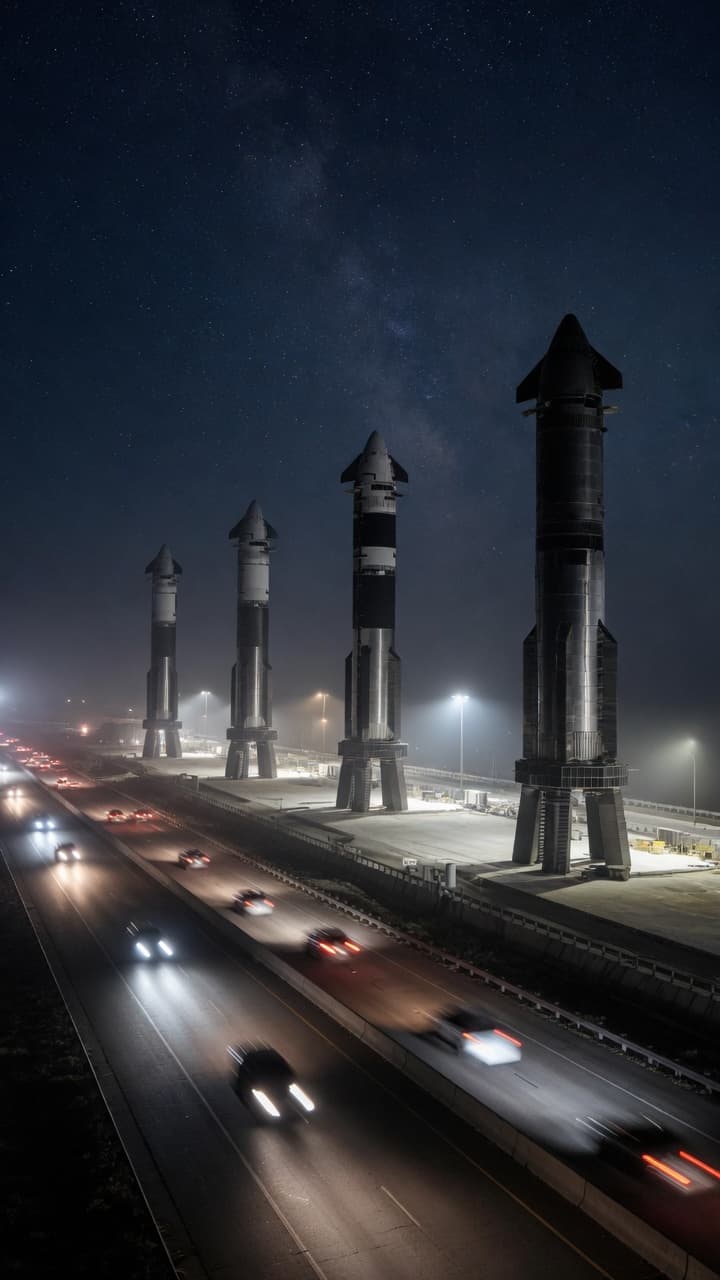 Night highway with motion-blurred traffic and a row of rockets on launch pads